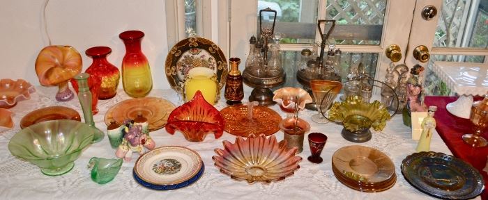 Tables of Vintage Glass:  Castor Sets, Bride Basket, Biscuit Jars, MORE!