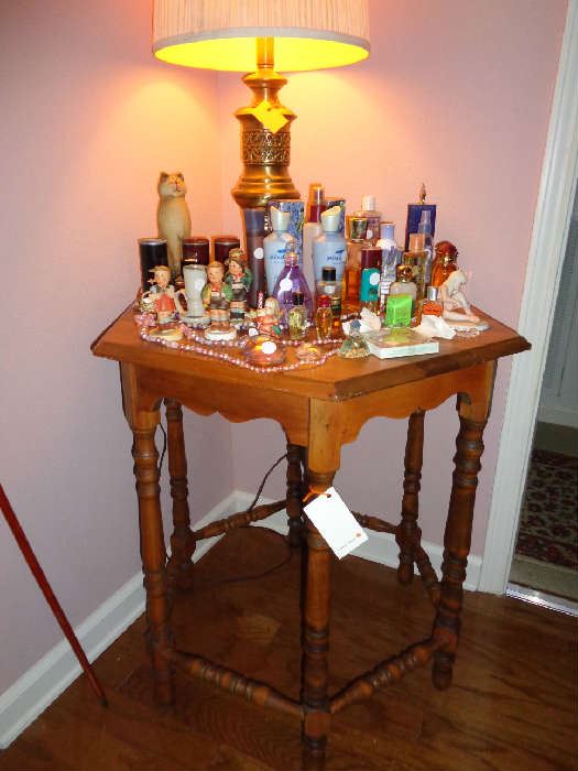 vintage table, perfume bottle collection