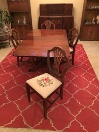 Antique Drop Leaf Table with Leaf and Pads, 4 antique Chairs with Needlepoint Seats. Huge Rug