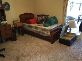 Over view of another bedroom with Art Deco Twin Bed, Mid Century Nesting Tables and U.S. Navy Trunk