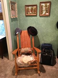 Oak and Wicker rocker, Foot Stool, Doilies, Luggage