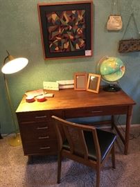 Mid Century Desk, Lighted Globe, 1 of 2 Mid Century Chairs, Mid Century Floor Lamp, "Crazy Quilt" Wood Marquetry