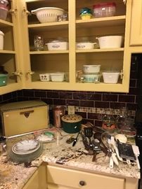Some of the Kitchen Ware, Corning Ware, Bread Box, Some Vintage Pyrex