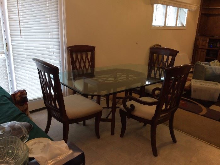 #74 Glass top wood base dining table w 4 chairs 44x69x27 $250 — 