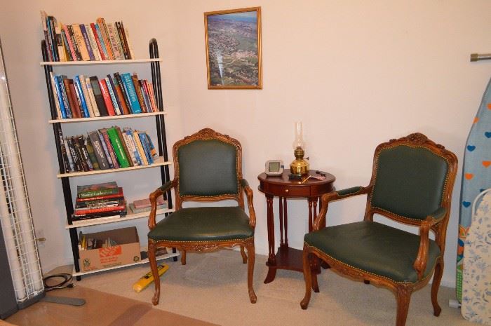 Books, shelf, padded chairs, side table, ironing boards