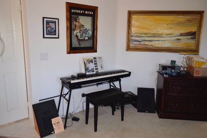 Painting, pictures, electronic keyboard and bench, speakers, dresser/file cabinet
