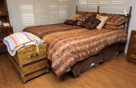 Dixie furniture king size bed and gold toned camel back trunk