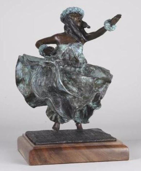 Mea Hula - Hula Dancer. Bronze sculpture by Lark Dimond. Size 10x7.5in. Koa wood base 7.5x7.5in. Weight 13 lbs. including base. Year 1994. Buy now $750. 