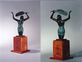 After the Rain. Bronze sculpture by Lark Dimond. Size 9x6 in. Koa wood base 5.5x4.5 in. Weight 5lbs inc. base. Year 1993. Actual sculpture has deep purple wrap. Buy now $450.