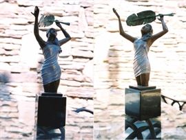 After the Rain. Bronze sculpture by Lark Dimond. Size 9x6 in. Koa wood base 5.5x4.5 in. Weight 5lbs inc. base. Year 1993. Actual sculpture has deep purple wrap. Buy now $450.