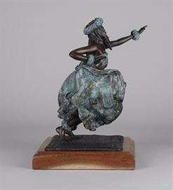 Mea Hula - Hula Dancer. Bronze sculpture by Lark Dimond. Size 10x7.5in. Koa wood base 7.5x7.5in. Weight 13 lbs. including base. Year 1994. Buy now $750. 
