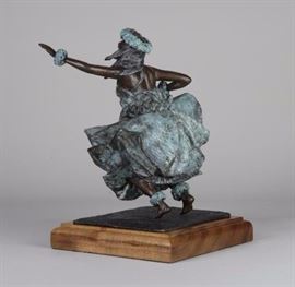 Mea Hula - Hula Dancer. Bronze sculpture by Lark Dimond. Size 10x7.5in. Koa wood base 7.5x7.5in. Weight 13 lbs. including base. Year 1994. Buy now $750. 