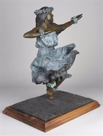 Kaholo Huki. It is the position the dancer is in. Bronze sculpture by Lark Dimond. Size 14x19 in. Koa wood base 16x12in. Weight 46 lbs. including base. Year 1996. Buy it now $5000 