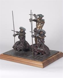 Hula Kahiko II. Ancient Hula. Bronze sculpture by Lark Dimond. Size 13x12.5in. Koa wood base 15x13in. Weight 28lbs. Including base. Edition 1/20. Year 1996. Buy 8it now $2500. 