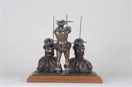 Hula Kahiko II. Ancient Hula. Bronze sculpture by Lark Dimond. Size 13x12.5in. Koa wood base 15x13in. Weight 28lbs. Including base. Edition 1/20. Year 1996. Buy 8it now $2500. 