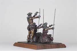 Hula Kahiko II. Ancient Hula. Bronze sculpture by Lark Dimond. Size 13x12.5in. Koa wood base 15x13in. Weight 28lbs. Including base. Edition 1/20. Year 1996. Buy 8it now $2500. 