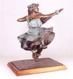 Kaholo Huki. It is the position the dancer is in. Bronze sculpture by Lark Dimond. Size 14x19 in. Koa wood base 16x12in. Weight 46 lbs. including base. Year 1996. Buy it now $5000 