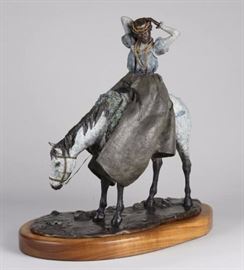 Pau U Rider. Skirt Early 1900s Country Girl. Bronze sculpture by Lark Dimond. Size 14x8in. Koa wood base 16x9in. Weight 26.5lbs including base. year 1999. Buy it now $1750. 
