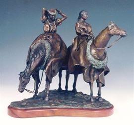 Double Pau Riders. Skirt early 1900s. Bronze sculpture by Lark Dimond. Size 15.5x18in. Koa wood base 19.5x16in. Weight 52lbs. Including base. Year 1999. Buy it now $3500. 