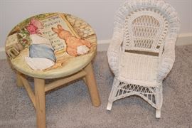 Cute painted stool and doll wicker rocking chair