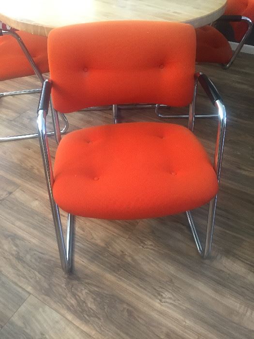 4 Mid Century Modern Chrome Arm Chairs with orange fabric 