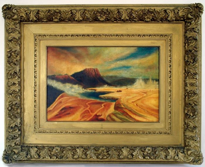  WESTERN WONDERS

The fantasyland that is the western United States. Lakes, geysers, unique rock formations and a setting sun come together in this colorful creation by an unknown artist. The massive frame weighs 19.5 pounds. Image size 19” x 12.5”. The frame size is 32.75” x  26.5”. 