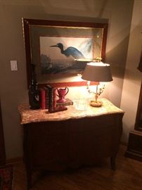 Italian Marble Top Chest with Inlay (one of pair), Blue Herrond Audubon Print,  Brass Bouillotte Lamp w/ Tole Shade (one of pair), Japanese Bronze Incense 