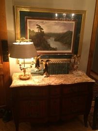 Italian Marble Top Chest with Inlay (one of pair), Hand Colored Lithograph, Brass Bouillotte Lamp w/ Tole Shade (one of pair), Pr. Black & Gold Camark Vases,  single Moser Glass Luster