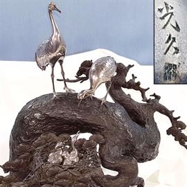 Asian Arts Bronze Silver Cranes In Pine Tree With Nest detail