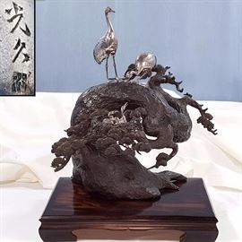 Asian Arts Bronze Silver Cranes In Pine Tree With Nest