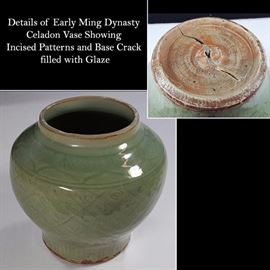 Asian Arts Celadon Early Ming Vase Stand Firing Flaw Too