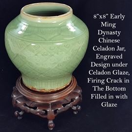 Asian Arts Celadon Early Ming Vase Stand Firing Flaw