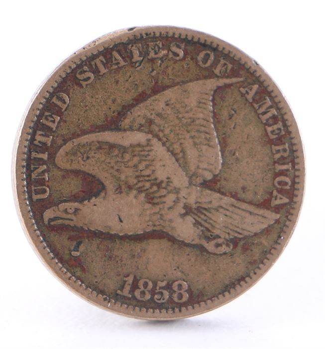 1858 Small Letters Flying Eagle Cent: An 1858 Small Letters Flying Eagle cent. Designer: James Barton Longacre. Diameter: 19.00 mm. Weight: 4.70 grams. Mintage: 24,600,000. Metal Content: 88% copper 12% nickel.