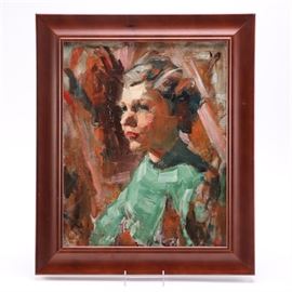 Jesse E. Deviney Oil on Board Portrait with Reverse Painting: An original oil on board by well listed American painter Jesse E. Deviney (1883-1941). This is a half portrait of a woman, in three-quarter profile, dressed in green with her hair parted and lifted. It is stamped in the bottom left corner in black “Jesse E Deviney 5.9”. This is presented behind glass in a wooden frame wired for hanging. There is a still life on the verso of an overflowing arrangement of wildflowers. This is accompanied with artist information and information on his teacher, Darling.