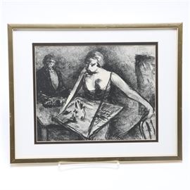 Arthur Allen Lithograph "Cigarette Girl": A lithograph on paper attributed to deceased British artist Arthur Allen (b. 1889) titled Cigarette Girl. This monochromatic piece depicts a girl clutching a box of cigarettes while others look on. Mounted under a double layer of black and white matting, the print is mounted under glass in a gold tone wood frame with hanging wire present to verso. A hand written note is present to the paper backing with the name of the artist and the title.