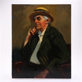 Oil Painting on Canvas of Portrait: An oil portrait painting on canvas. This painting relies on a palette of peach, orange, olive green, beige and cream to depict a man in a bowler’s hat and striped jacket posing with one hand supporting his face. The canvas is stretched over a wooden frame, with the initials “D.S.” written on each plank of wood.