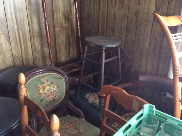 Victorian Chairs with needlepoint seating, Caned Chairs - lots of side chairs, Vintage Stools and modern stools for bar area - leather top and chrome bottom