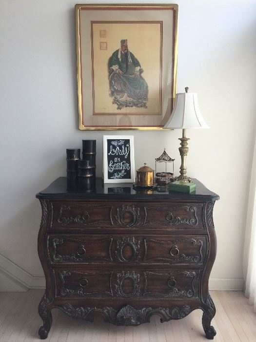 Lovely Drexel Heritage, Covington Park chest and framed Asian art