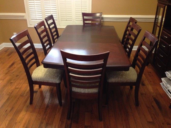 Dark Wood Dining Table w/ One Leaf and Eight Dark Wood Ladder Back Upholstered Seat Dining Side Chairs