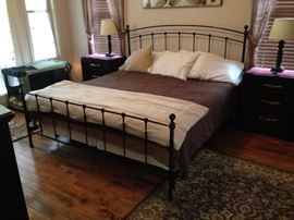 Black Metal King Bed - Headboard, Foot Board, Side Rails and Supports w/ Complimentary King Size Mattresses