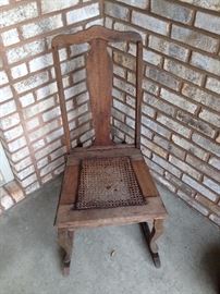 Rustic Antique Walnut Rush Seat Rocking Chair