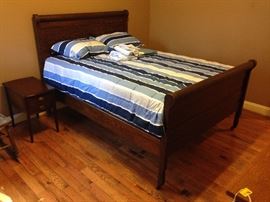 Antique Dark Stained Oak Double/Full Bed - Headboard, Foot Board, Side Boards & Slats w/ Complimentary Double/Full Size Mattresses
