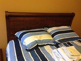 Antique Dark Stained Oak Double/Full Bed - Headboard, Foot Board, Side Boards & Slats w/ Complimentary Double/Full Size Mattresses - Headboard Detail