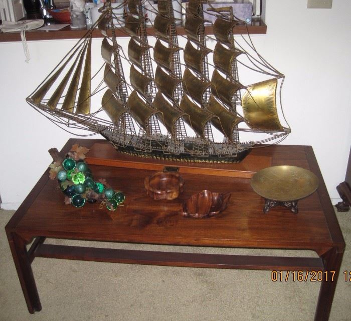 Walnut Coffee Table, Glass Grapes, Hawaiian Monkey Pod Bowls, Brass Bowl in stand, Brass Clipper Model