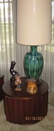Walnut Round End table with Lamp and figurines