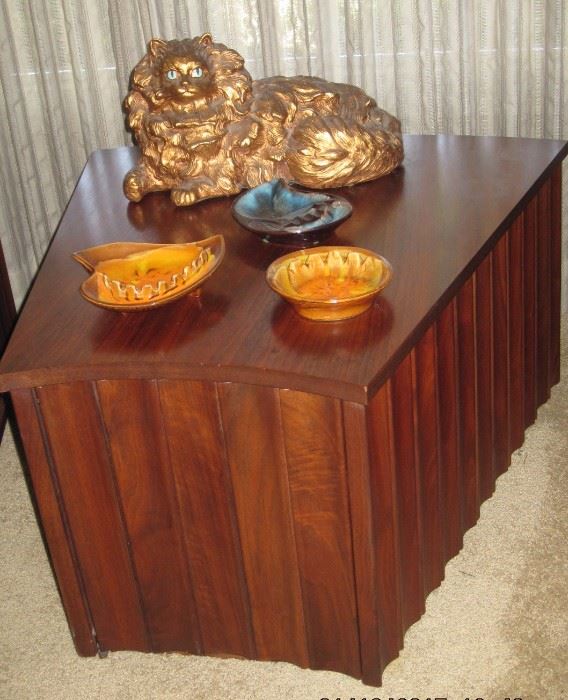 Wedge shaped Walnut end table with retro ash trays