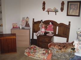 Dresser, laundry hamper and headboard with matching night stand, dolls!