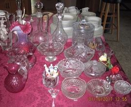 Fenton Cranberry and white cased glass vase, other leaded crystal items