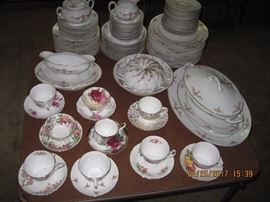 Tiny Rose Bavarian Dishes, English Bone China Teacups and Saucers