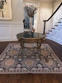 Marble Top and Gilt Center Table 43 inches, AND Square Aubusson